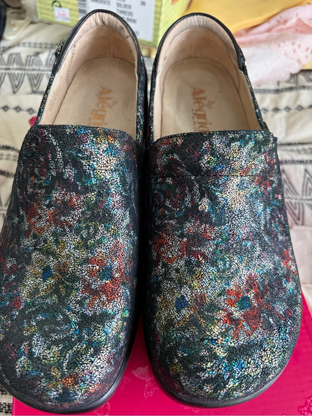 Alegria Black Multicolor Textured Slip-On Clogs